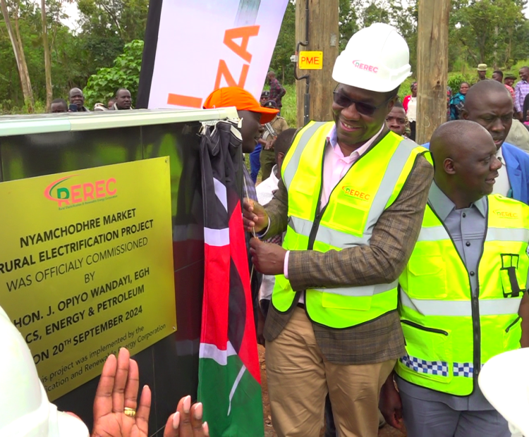 Cabinet Secretary for Energy and Petroleum Opiyo Wandayi during the commissioning of the Sh25.6-Million Nyamchodhre Market Electrification Project in Awendo Sub County. Photos by Geoffrey Makokha.