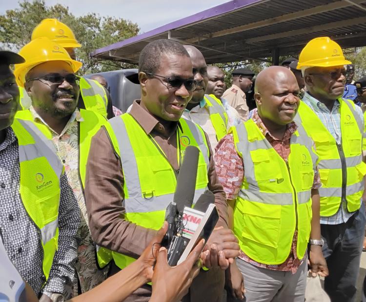 Energy and Petroleum Cabinet Secretary (CS), Opiyo Wandayi, addressing the media at Sondu-Miriu power plant in Kisumu County. Photo/Chris Mahandara