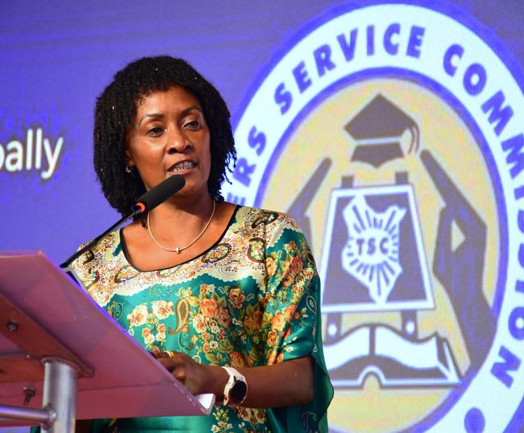 Chief Executive Officer (CEO) Teachers Service Commission (TSC) Dr Nancy Macharia gives a keynote address during the Kenya Primary Schools Head Teachers Association (KEPSHA) annual general meeting and conference, Mombasa..