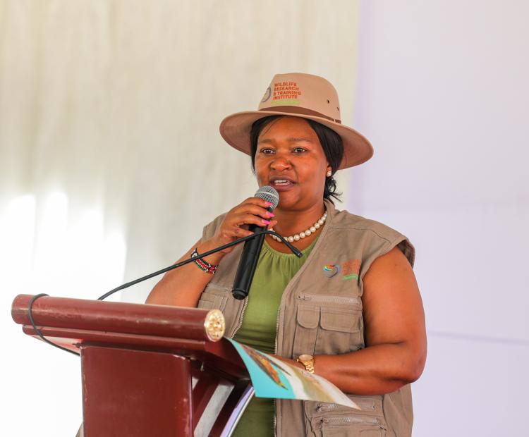 Tourism and Wildlife CS Rebecca Miano speaking during the launch of the second phase of the National Wildlife Census 2024. Photo/Dickson Mwiti