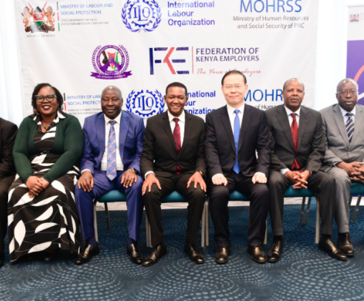 Cabinet Secretary for Labour and Social Protection Alfred Mutua (fourth left),Vice Minister of Human Resources and Social Security of China (fourth right),ILO Director, Tanzania Country office, Caroline Mugalla (second left),  with stakeholders during the launch of the South-South Cooperation  project.