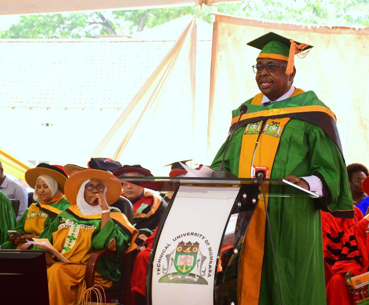 Principal Secretary (PS) for Shipping and Maritime Affairs, Geoffrey Kaituko, gives a keynote address during the Technical University of Mombasa (TUM) 11th graduation ceremony at the University’s graduation square in Mvita sub county of Mombasa.  Photos/ Andrew Hinga