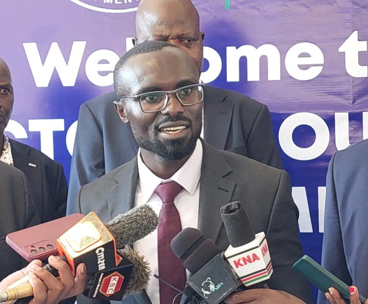Water, Sanitation and Irrigation Cabinet Secretary (CS) Eric Mugaa addressing the media in Kisumu during the launch of Lake Victoria South Water Works Development Agency (LVSWWDA) 2023-2027 strategic plan. Photo/Chris Mahandara.