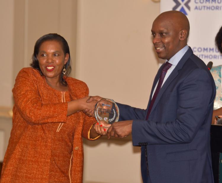 The Cabinet Secretary, Ministry of Information, Communications and the  Digital Economy, Dr. Margaret Nyambura Ndung’u (left) and Communications Authority of Kenya (CA) Director General Mr.  David Mugonyi during an Industry Engagement with Technology Service  Providers of Kenya (TESPOK) in Nairobi. Photo/Austin Otieno