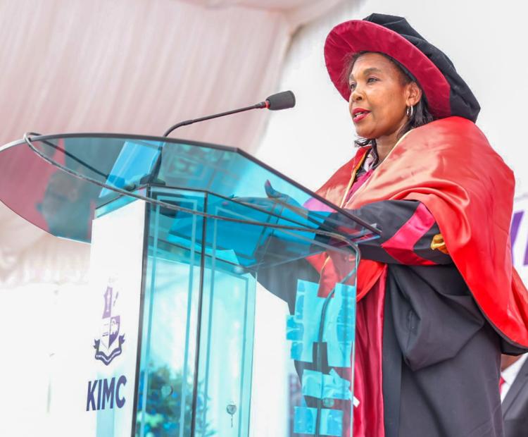 The Cabinet Secretary, Ministry of Information, Communications and the Digital Economy, Dr. Margaret Nyambura Ndung’u attending the Graduation Ceremony at the Kenya Institute of Mass Communication (KIMC) Nairobi. Photo/Beverlyne Musili.