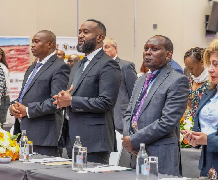 CS Mining Hassan Ali Joho (L) with PS Mining Elijah Mwangi studies mineral samples at one of the stands during the Mining Expo in Nairobi.