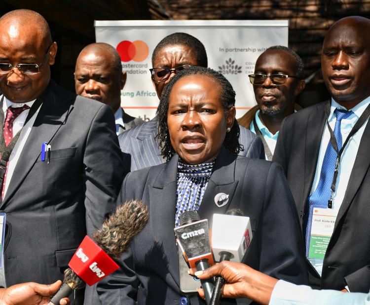 rincipal Secretary, State Department for Technical, Vocational and Education Training (TVETS) Dr Esther Muoria (centre) with other education stakeholders addresses education stakeholders in Naivasha.