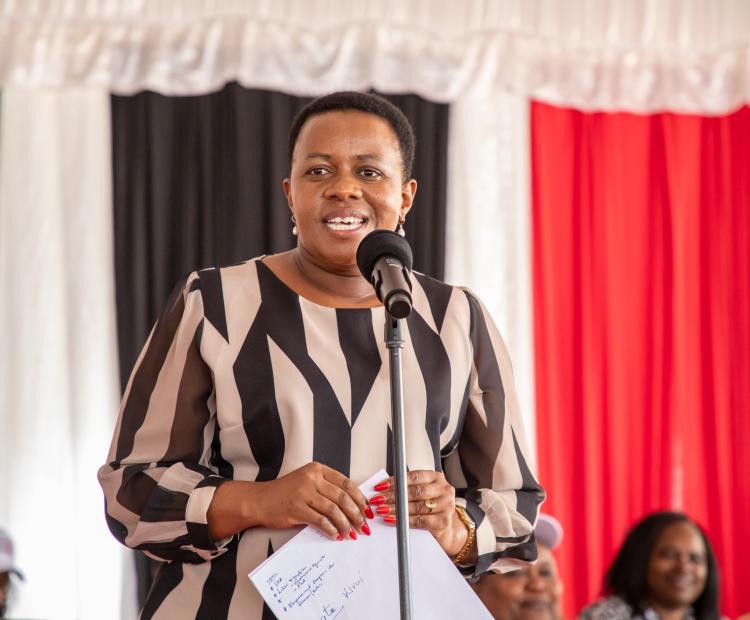 Principal Secretary in the State Department of the Prime Cabinet Secretary Office Aurelia Chepkurui Rono delivering the speech of Prime Cabinet Secretary Musalia Mudavadi during the launch of 16 days of Activism against GBV in Wote town 