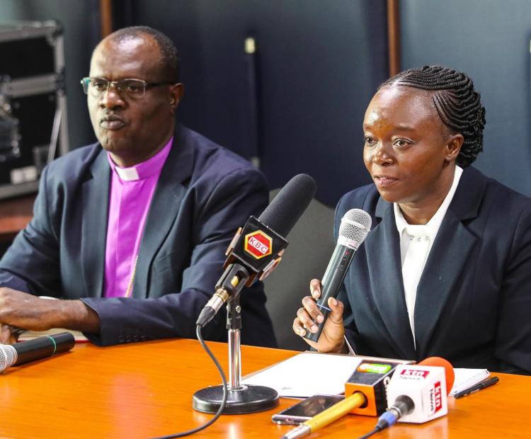 Health Cabinet Secretary (CS) Dr. Deborah Barasa (right) speaking during a meeting with faith-based health stakeholders. Photo/Joseph Ng’ang’a