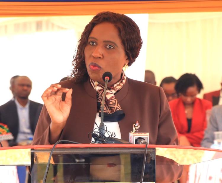 Principal Secretary State Department for Higher Education and Research Dr. Beatrice Inyangala speaking to students at the University of Embu.