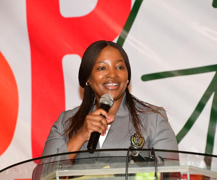 PS for Devolution, Teresia  Mbaika, makes her  remarks at the 2nd Own  Source Revenue (OSR)  Conference 2025 in  Nairobi.