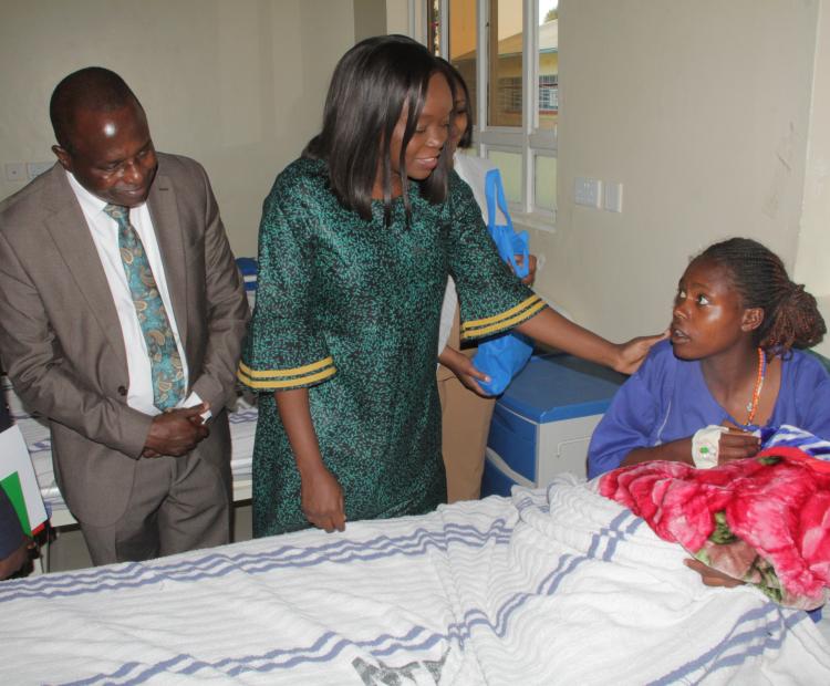 Cabinet Secretary for Health Deborah Barasa (in green)  speaking to a new mother at the Nanyuki teaching  and Referral Hospital where she had an official visit on  Tuesday, February 4, 2025.She urged for the registration  of Social Health Insurance Fund (SHIF)