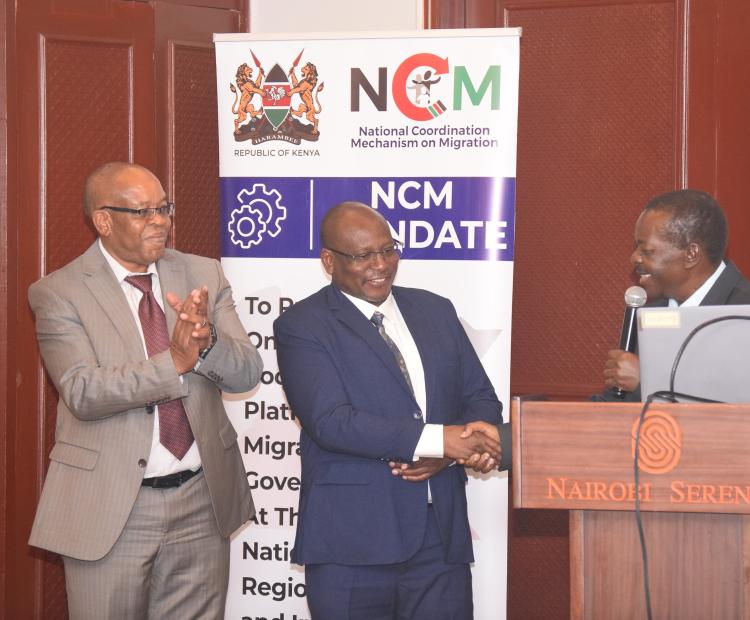 (From L-R) Gerald Atunga, Director of the National Coordination Mechanism on  Migration; Benjamin Avusevwa, Director of Statistical Coordination and Methods;  and Dr. Dan Opon, Director General of the National Coordination Mechanism on  Migration, during the launch of the Migration and Displacement Data and Statistics  Technical Working Committee (TWC) at a Nairobi hotel.
