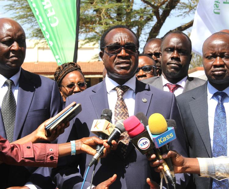 Education CS Julius Ogamba during a press briefing in Eldoret.