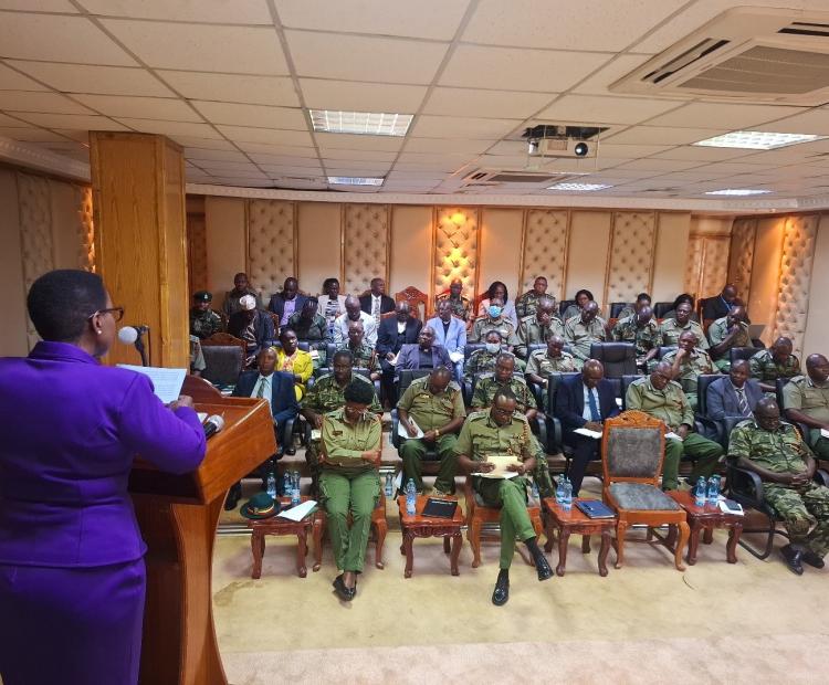 Correctional Services Principal Secretary Dr. Salome Beacco addresses senior officers from the Kenya Prisons Service during a forum on mental health under the theme, enhancing mental health in prisons: Getting involved. Photo/ Patrick Ambani.