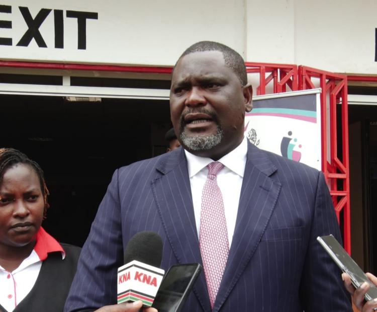 The Cabinet Secretary for Public Service, Human Capital Development and Special Programmes Geoffrey Ruku addresses the press at the Huduma center in Thika.