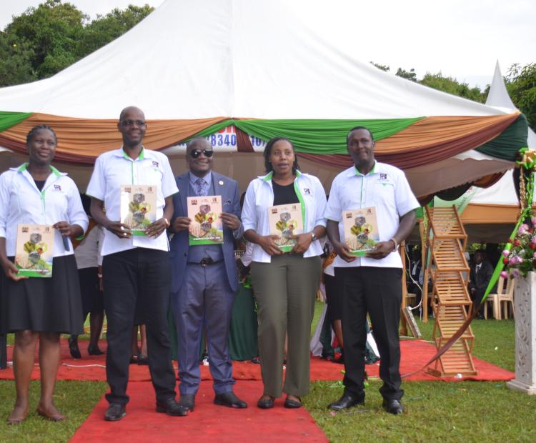 Sony-Sugar Managing Director Martine Dima (2nd L) dur ing the launch of the South Nyanza Sugar Company Ltd  (Sony-Sugar) strategic plan for 2024-2029. He outlined  the key targets of the five-year plan.