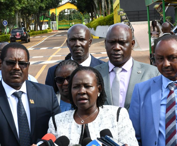 Principal Secretary in the State Department for  Technical and Vocational Education Training, Dr Esther  Muoria(centre) during a press briefing at the Nyeri  National Polytechnic. Photo/ Wangari Mwangi.