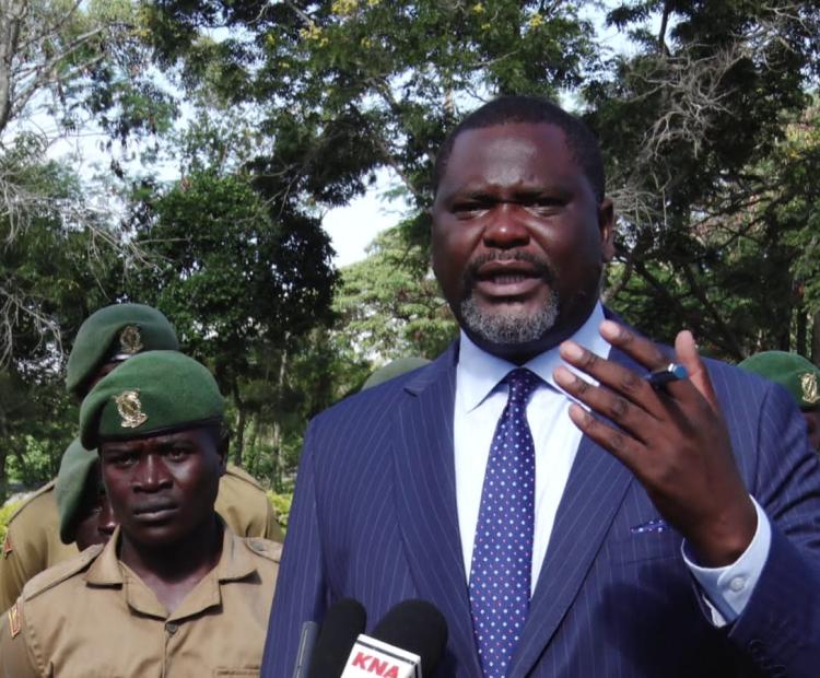 The Cabinet Secretary for Public Service Geoffrey Ruku addresses the press at NYS Yatta Field Unit in Machakos County