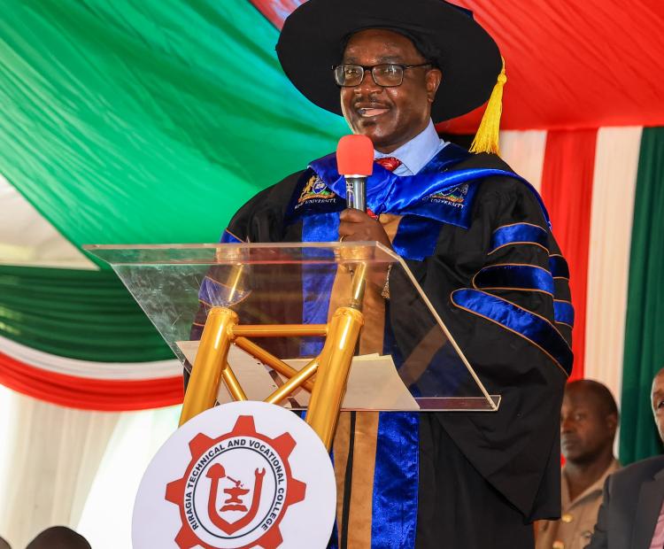 Education Cabinet Secretary Julius Ogamba speaking during the inaugural graduation ceremony at Riragia Technical and Vocational College (TVC) in Marani Sub County, Kisii County