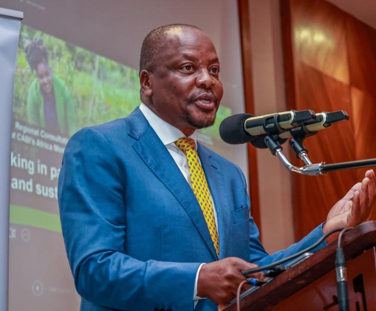 Agriculture and Livestock Development Cabinet Secretary, Mutahi Kagwe, speaking during the  opening of the 2025 Centre for Agriculture and Biosciences International (CABI) Africa Regional  Consultation. 