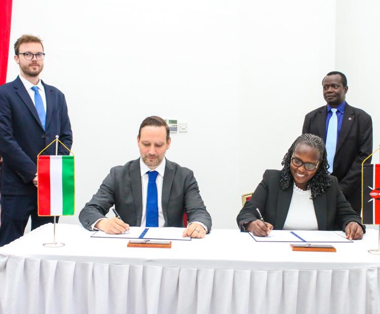 Principal Secretary State Department for Trade Regina Ombam and Tristan Azbej the  Hungarian State Secretary for Foreign Affairs and Trade during the Joint Economic and  Technical Committee meeting in Nairobi.