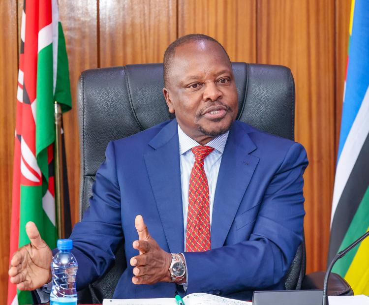 Agriculture and Livestock Development Cabinet Secretary Mutahi Kagwe speaking during a high-level meeting at Kilimo House with the EU ambassado