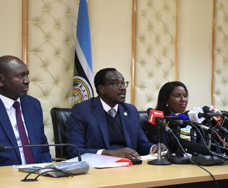 Cabinet Secretary for Education, Julius Migos Ogamba (center), addresses the media during a press briefing on the university and college placement results, at the Ministry of Education headquarters, Jogoo House B, Nairobi. PHOTO/ DANIEL KAMAU