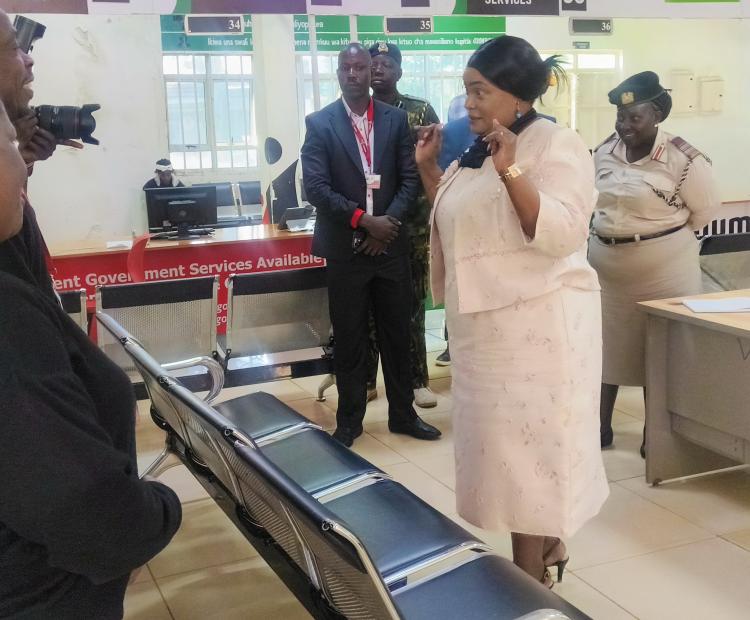 Public Service PS Dr. Jane Imbunya during a visit to the Huduma center at Mbale, Vihiga County.  Photo/Rose Wasike