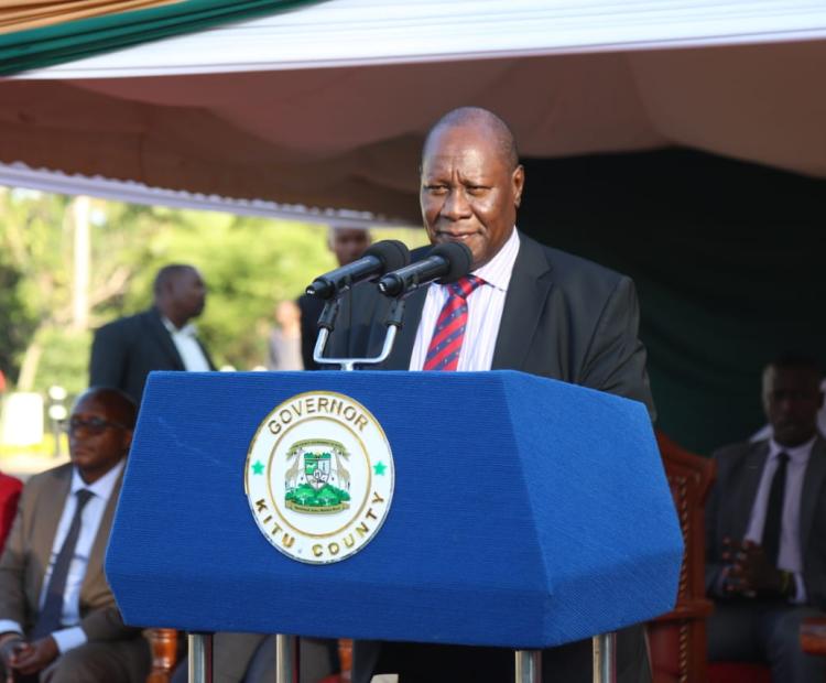 . Kitui Governor Dr. Julius Malombe presiding the occasion to release 21 motorcycles for the extension services outside his offices in Kitui town.