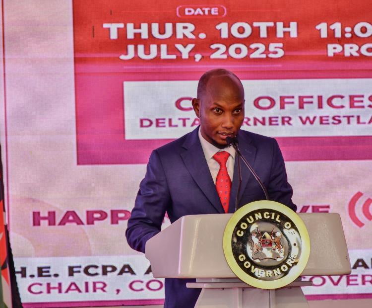 Principal Secretary, State Department for Devolution, Michael Lenasalon gives his address during the State of Devolution Address by the Council of Governors.