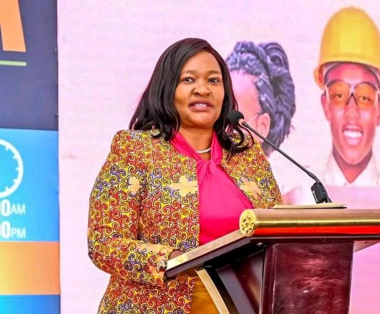 The Cabinet Secretary (CS) for Tourism and Wildlife Rebecca Miano speaking during the 2025 World Youth Skills Day celebrations at KICC, Nairobi.