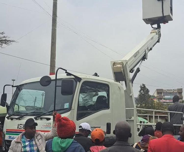 Kiambu’s 23-meter manlift in action, supporting streetlight installation and maintenance for safer public spaces.