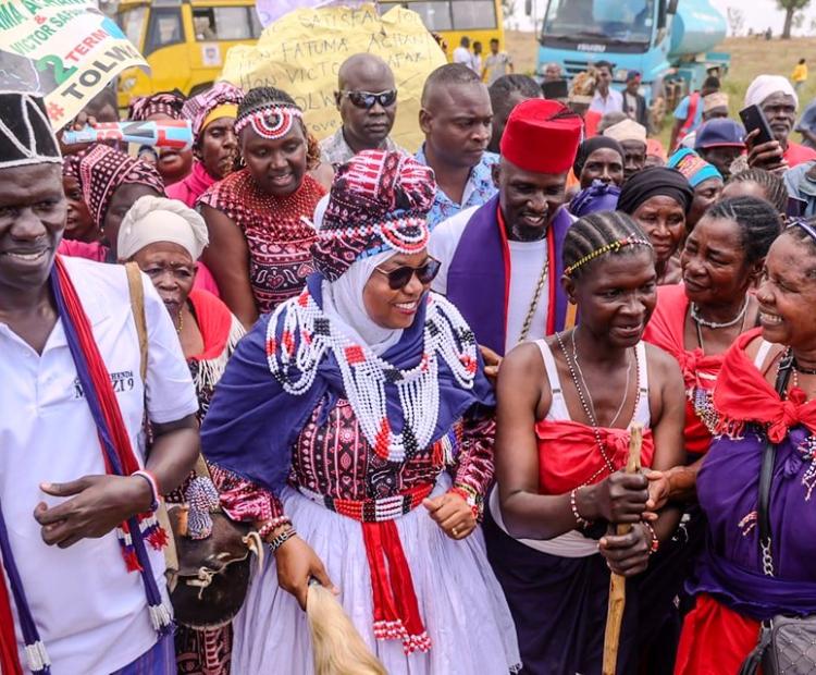 Kwale Governor Fatuma Achani (in glasses) and wearing unique traditional clothing when she joined traditional dances in a jig during the Chenda Chenda cultural festival held in Kinango sub county of Kwale.