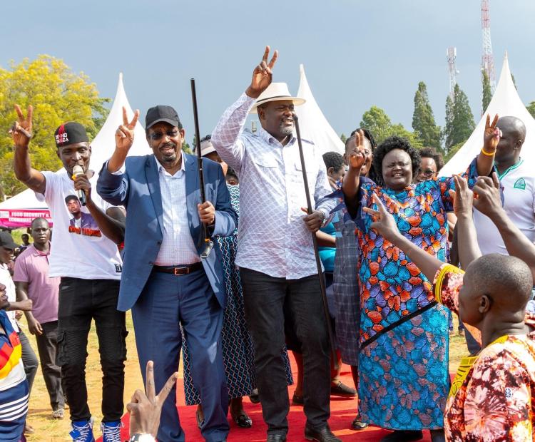 From left: Dadaab MP Farah Maalim, Public Service and Capital Development Cabinet Secretary Geofrey Ruku and Woman Representative Joyce Osogo at Mawego National Polytechnic in Homa Bay
