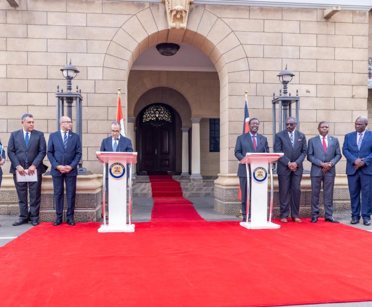 Prime Cabinet Secretary and Cabinet Secretary for Foreign and Diaspora Affairs Musalia Mudavadi (centre right) and Egypt’s Minister of Foreign Affairs Badr Abdelatty (centre left) pose for a photo with members of their delegations during a bilateral meeting in Nairobi.