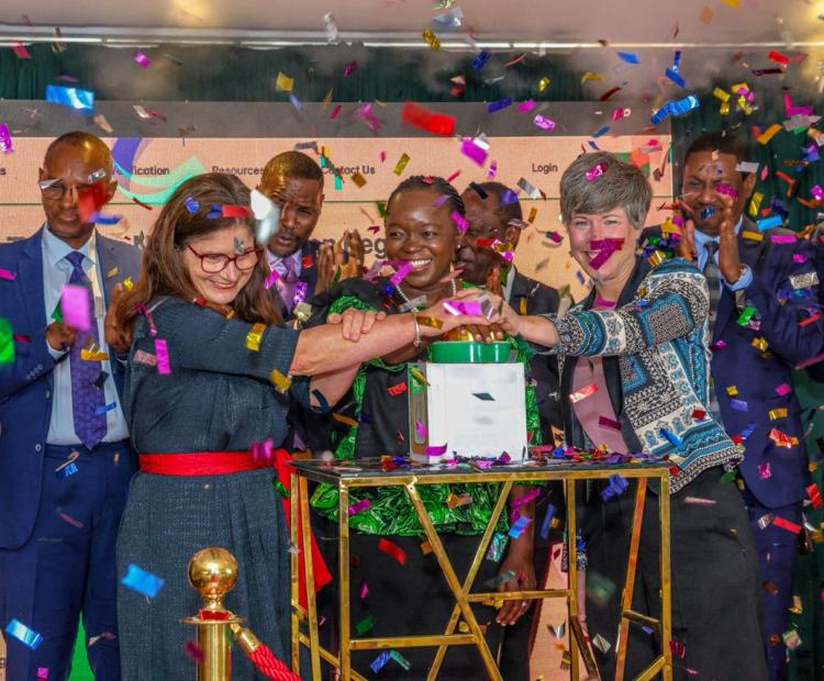 (Front row from Left) European Union Ambassador to Kenya Henriette Geiger, Cabinet Secretary for Environment, Climate Change and Forestry Dr. Deborah Barasa, and Head of Cooperation at the Embassy of the Federal Republic of Germany Maren Kneller during the official launch of the Kenya National Carbon Registry in Nairobi.