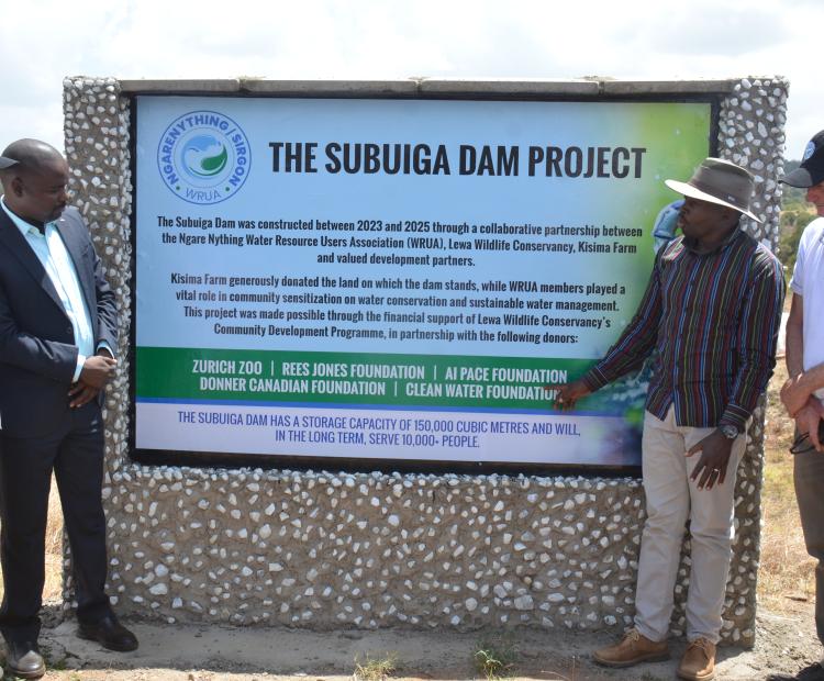 From left: Kisima MCA Patrick Mutuma, Water, Natural Resources and Climate Change Chief Officer Patrick Mutuma, Lewa Conservancy Partnerships and Programs Coordinator John Kinoti and Ngarenythig WRUA Chairman Martin Dyer during the launch of the dam.