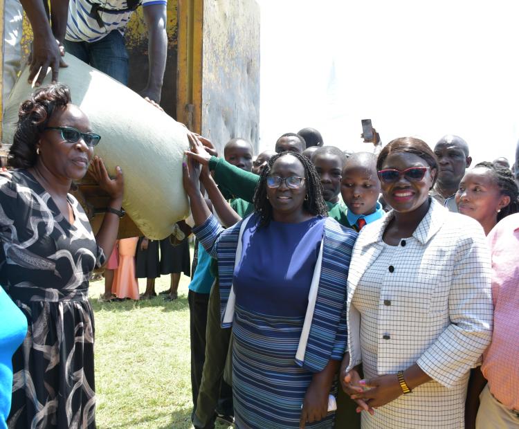 The Cabinet Secretary for Gender, Culture and Children Services, Hanna Cheptumo flagging of Emergency Food supplies and Education Support materials at Lela Mixed Secondary, Nyando Constituency, Kisumu County 