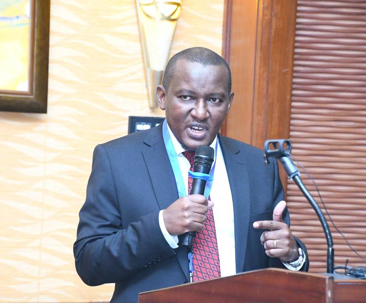 Principal Secretary for the State Department of Irrigation, CPA Ephantus Kimotho speaks during a stakeholders’ workshop to design Results-Based Financing (RBF) facility for the Farmer-Led Irrigation Development (FLID) initiative at Serena Hotel, Nairobi.