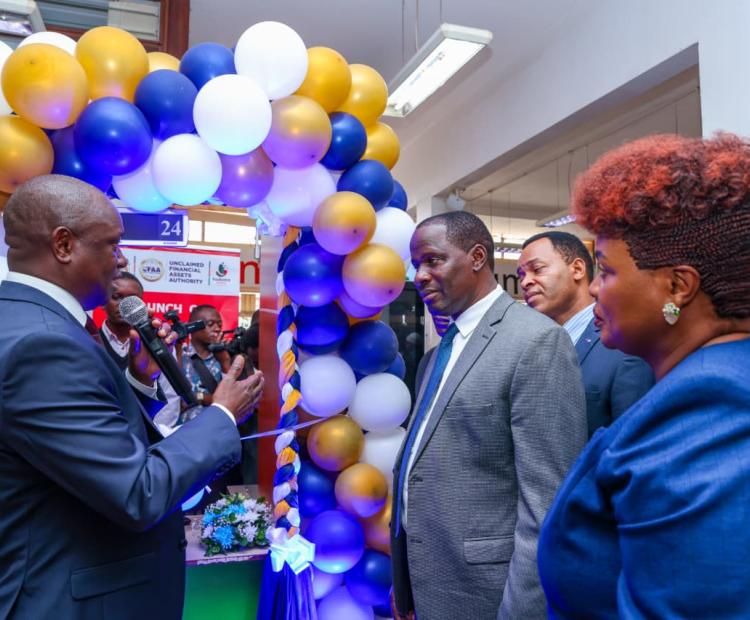 Principal Secretary for Public Investments and Assets Management, Cyrell Wagunda (left) flanked by Principal Secretary for Public Service Dr Jane Imbunya (right) in Machakos.