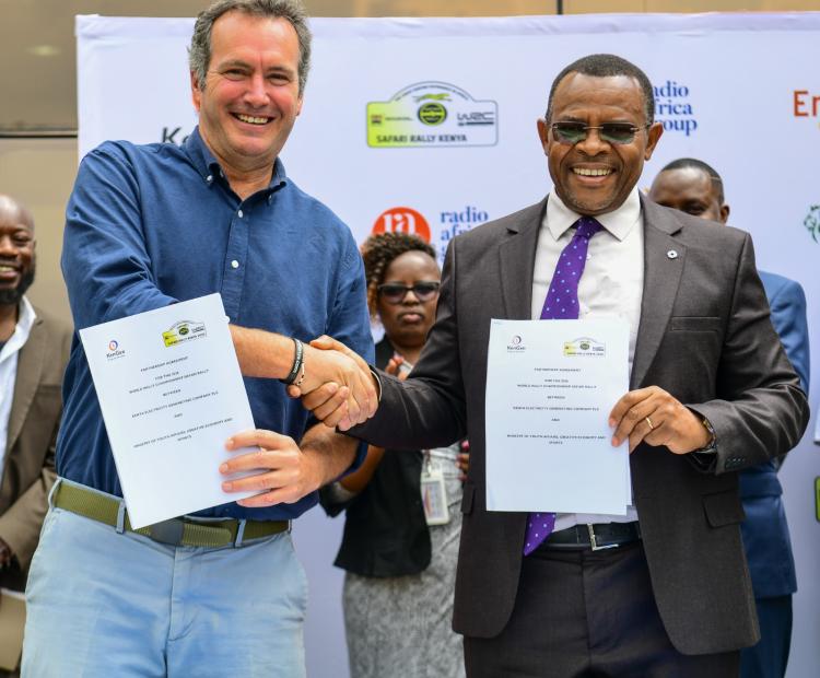 KenGen Managing Director and CEO Eng. Peter Njenga with WRC Carl Tundo after signing a partnership agreement to support the 2026 WRC Safari Rally at KenGen Head Quarters Nairobi. 