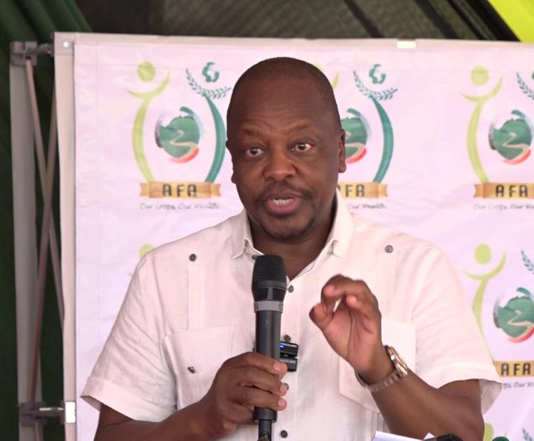 Agriculture and Livestock Development Cabinet Secretary Mutahi Kagwe admires exhibitions during the Jumuiya ya Kaunti za Pwani (JKP) agricultural revitalization summit held at a Malindi hotel