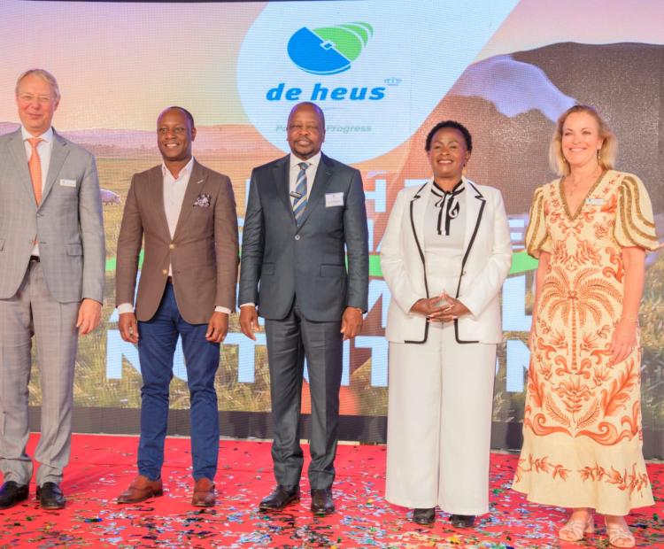 From left: Chairman of the Board De Heus, Co de Heus, PS State Department of Livestock Development Charles Mueke, Ministry of Agriculture and Livestock Development CS Mutahi Kagwe, Machakos County Governor Wavinya Ndeti, and Charlotte de Hues during the official launch of de Heus Kenya Livestock Feed Factory in Kenya.